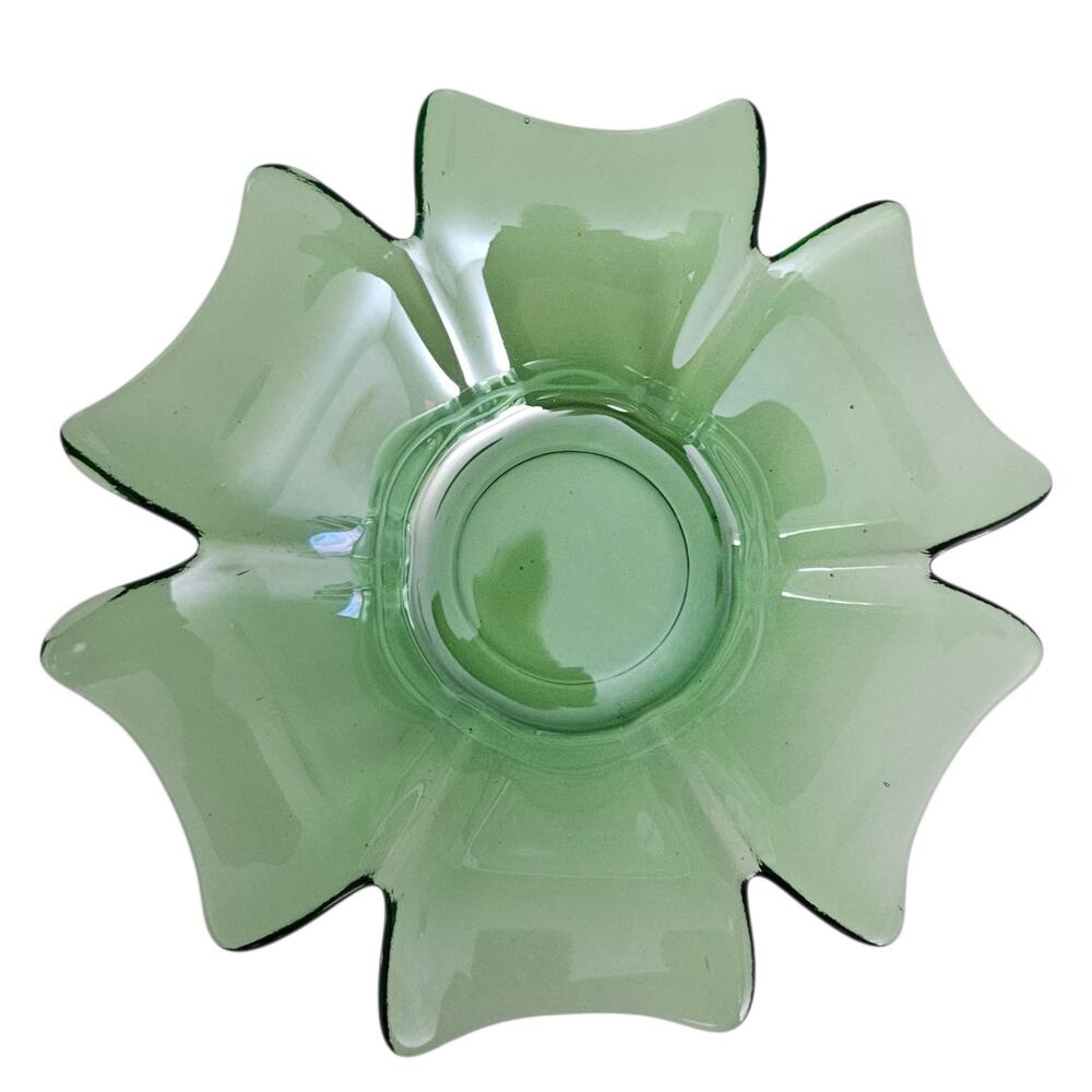 Vintage Green Glass Ruffled Star Flower Bowl Candy Nut Dish MCM